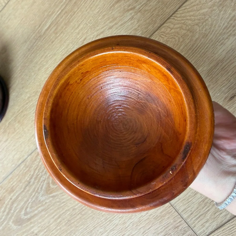 Vintage Hand Carved Wooden Jar with Lid Floral Etched Decorative Vessel Brown